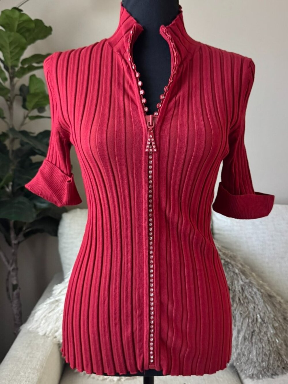 Belldini Sexy Red Rhinestone Crystal Zipper Ribbed Collared Shirt Medium M